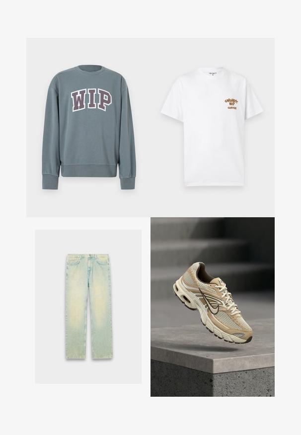 Grå sweatshirt med ribstrikkede manchetter og kant. Har "WIP"-logo i hvid med mørkelilla kant. Crew neck-design, lavet af blødt stof.; Hvid t-shirt med korte ærmer og rund halsudskæring med brun "Carhartt WIP Coffee" tekst på venstre bryst, størrelse medium, vist fladt på lys baggrund.; Lyseblå denimjeans med løs pasform, fem lommer, lynlås og en slidt finish langs lår og knæ.; Beige og hvid Nike løbesko med mesh paneler og sort swoosh, der svæver over en betonkant med slørede trapper i baggrunden.