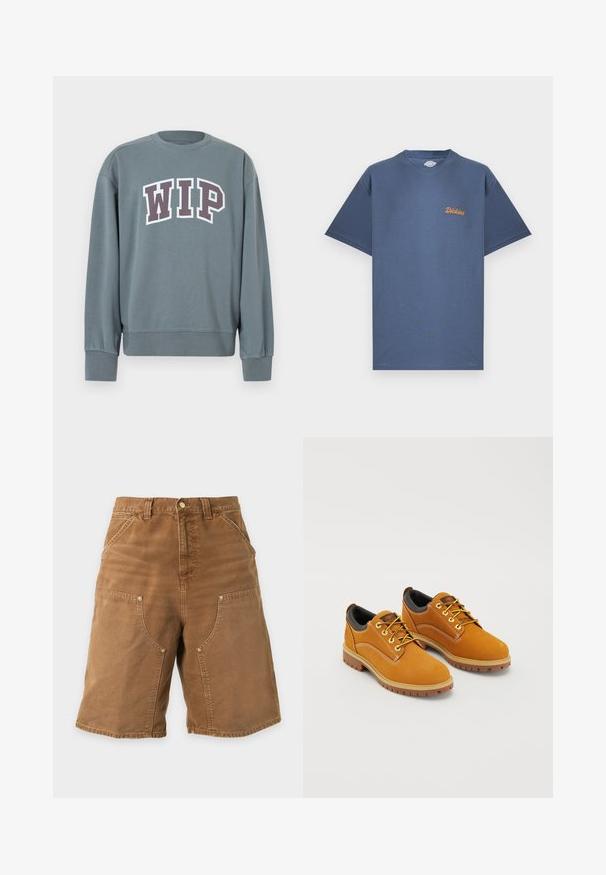 Sweat-shirt gris avec poignets et ourlet côtelés. Présente le logo "WIP" en blanc avec un contour violet foncé. Col rond, confectionné en tissu doux.; T-shirt bleu à manches courtes avec col rond, petit logo orange "Dickies" sur la poitrine gauche, présenté sur un fond blanc.; Short de travail marron longueur genou avec poches avant, passants pour ceinture et fermeture par bouton sur un fond clair uni.; Chaussures en daim marron avec un bout rond, des lacets jaunes, un col rembourré noir et des semelles en caoutchouc avec des rainures de traction.