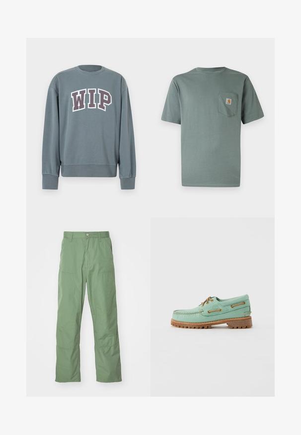 Grå sweatshirt med ribstrikkede manchetter og kant. Har "WIP"-logo i hvid med mørkelilla kant. Crew neck-design, lavet af blødt stof.; Lysegrøn kortærmet t-shirt lavet af bomuld med en brystlomme, der har et logo-patch. Blød tekstur og klassisk rund hals.; Lysgrønne, afslappede bukser med en glat tekstur, der har sidelommer og synlige syninger. Hel længde med et lige ben-design.; Lysegrøn læder bådsko med brune snørebånd og øjer, med en tyk tekstureret gummisål og syningsdetaljer langs kanterne.