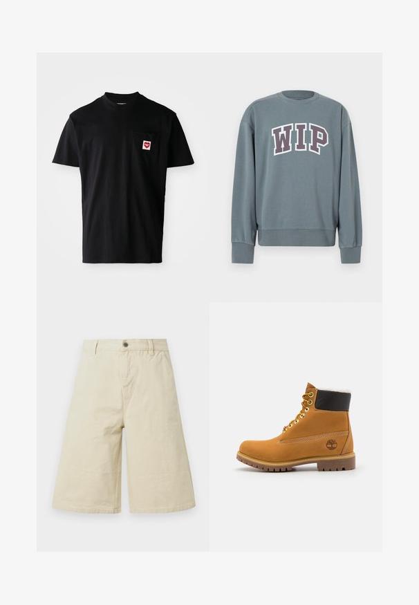 Grauer Sweatshirt mit gerippten Bündchen und Saum. Verfügt über das "WIP"-Logo in Weiß mit dunkelviolettem Rand. Rundhalsausschnitt, aus weichem Stoff gefertigt.; Schwarzes Baumwoll-T-Shirt mit rundem Halsausschnitt, kurzen Ärmeln und einer linken Brusttasche, die mit einem roten Herz-Patch und weißem Text versehen ist.; Beige kniehohe, weit geschnittene Shorts mit Gürtelschlaufen, vorderer Knopfleiste, Reißverschluss und Seitentaschen.; Braune Leder-Ankle-Boots mit Metallösen, weißem Kunstfellfutter, schwarzem gepolstertem Kragen, robustem Sohlenprofil und geprägtem Logo an der Seite.