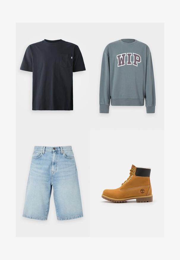 Grauer Sweatshirt mit gerippten Bündchen und Saum. Verfügt über das "WIP"-Logo in Weiß mit dunkelviolettem Rand. Rundhalsausschnitt, aus weichem Stoff gefertigt.; Dunkelblaues Baumwoll-T-Shirt mit rundem Ausschnitt und kurzen Ärmeln. Enthält eine einzelne Brusttasche und ein gerades Saumdesign.; Hellblaue Denim-Shorts bis zum Knie mit Fronttaschen, Gürtelschlaufen und Knopfverschluss.; Braune Leder-Ankle-Boots mit Metallösen, weißem Kunstfellfutter, schwarzem gepolstertem Kragen, robustem Sohlenprofil und geprägtem Logo an der Seite.