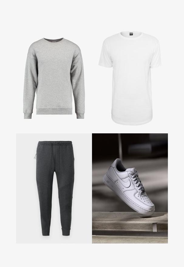 Lichtgrijze sweater met lange mouwen en ronde hals, met geribde manchetten en zoom, effen zachte stof, geen zichtbare patronen of logo's.; Witte kortemouwen T-shirt van katoen, met een klassieke ronde hals, een relaxte pasvorm en geen zichtbare patronen of logo's.; Donkergrijze Nike joggerbroeken met een trekkoord in de taille, een ritszak aan de zijkant, taps toelopende pijpen en ribgebreide boorden op een witte achtergrond.; Witte Nike Air Force 1 sneaker van leer met geperforeerde neus, platte veters en een gestructureerde rubberen zool met "AIR"-logo aan de zijkant.