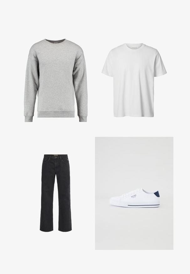 Lysegrå sweatshirt med lange ærmer og rund hals, med ribstrikkede manchetter og kant, ensfarvet blødt stof, ingen synlige mønstre eller logoer.; Enkelt hvid T-shirt med korte ærmer og rund hals, løs pasform og uden synlige logoer eller designs foran.; Sorte denim bukser med vid ben, knaplukning, fem lommer og en let slidt tekstur. Lige snit fra talje til søm.; Hvide kanvas sneakers med en marineblå hælaccents, flad gummisål, rund tå og hvide snørebånd. Har logo på siden.