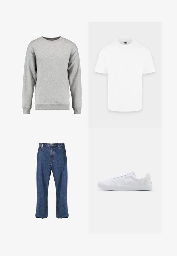 Sudadera de color gris claro con mangas largas y cuello redondo, con puños y bajo acanalados, tejido suave y liso, sin patrones ni logotipos visibles.; Camiseta blanca lisa de algodón con cuello redondo y mangas cortas, mostrada sobre un fondo gris claro.; Vaqueros de mezclilla en azul oscuro, con un diseño de pierna recta, estilo clásico de cinco bolsillos y costuras visibles a lo largo de las costuras.; Zapatillas de lona blancas con suela de goma, que cuentan con seis ojales, una puntera texturizada y un diseño minimalista.