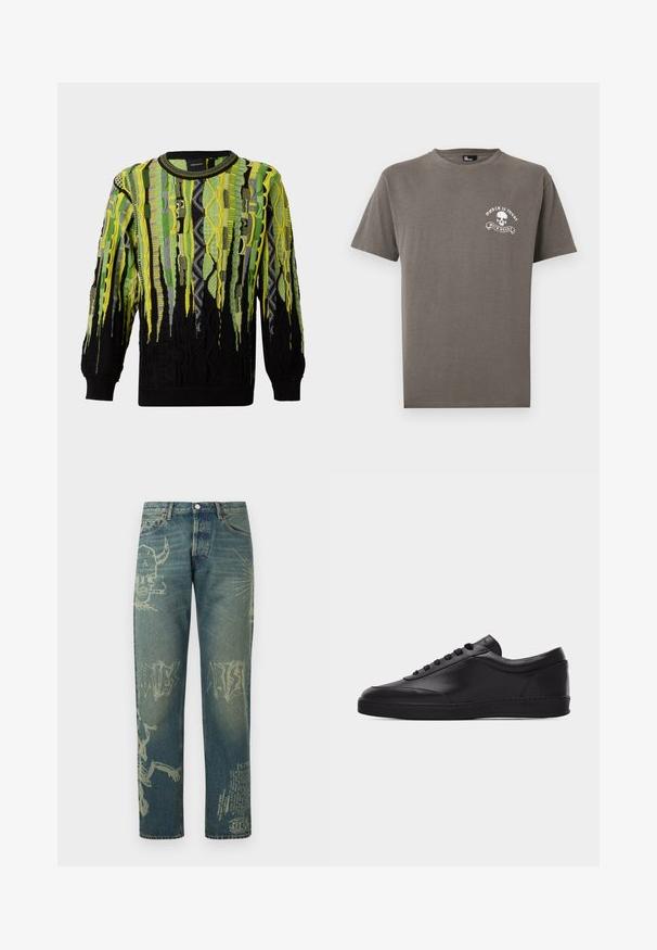 Pull en tricot à manches longues avec des motifs abstraits verticaux dans des tons verts, jaunes, noirs et gris, avec un col rond et des poignets côtelés.; T-shirt marron à manches courtes et col rond avec un petit crâne blanc et le texte « WORLD IS YOURS » et « WILD HEART » sur la poitrine gauche.; Jean en denim avec des imprimés graphiques délavés incluant un crâne cornu fumant, du texte abstrait et un squelette sur les jambes, vue de face.; Baskets basses en cuir noir avec lacets sur le devant et semelle en caoutchouc plate, vues de côté sur un fond blanc uni.