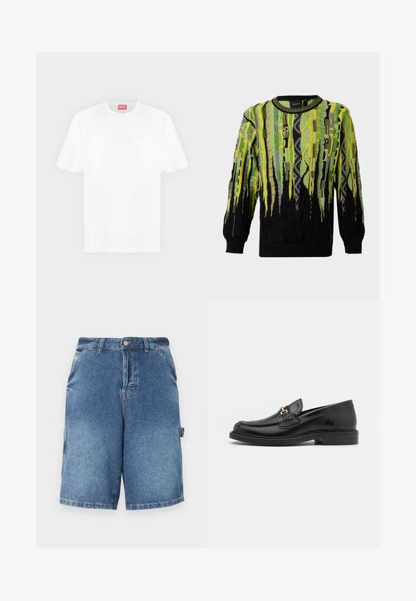 Long-sleeve knitted sweater with vertical abstract patterns in green, yellow, black, and gray tones, featuring a round neckline and ribbed cuffs.; White short-sleeve crew neck t-shirt with a small white embossed logo on the left chest and a red Diesel brand tag inside the collar.; Blue denim knee-length shorts with front pockets, belt loops, button closure, and a loop on the right side against a white background.; Black leather loafers with a rounded toe, featuring gold hardware accent and stitching detail, set on a low, textured rubber sole.