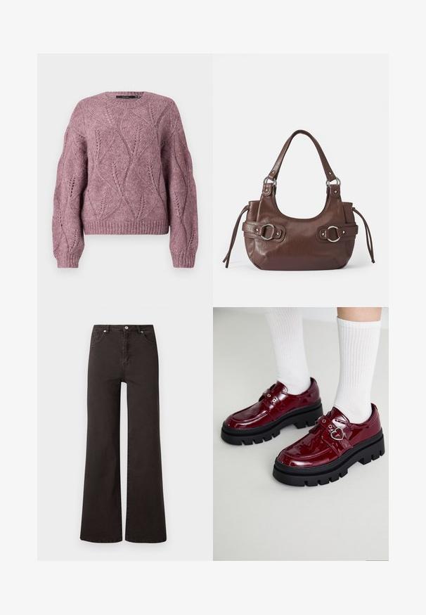 Strikket cropped sweater i blød pink med et tekstureret bladmønster, rund hals og ribbede manchetter og kant. Fremstillet af en hyggelig uldblanding.; Sorte bredbenede jeans lavet af denim med høj talje, der har fem lommer og knaplukning. Glat tekstur, minimalisk design.; Bordeaux patent læder sko med en kraftig sort sål, dobbelt rem med hjerte detalje og ribbede hvide sokker. Retro design med tykkere greb.; Brun læderhåndtaske med rund form, sølvhardware, to sideskuldre og en glat tekstur. Har en enkelt toppen håndtag.