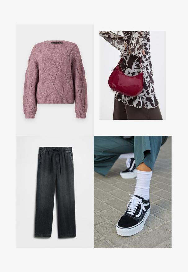 Gebreide cropped trui in zacht roze met een textuurpatroon van bladeren, ronde hals en ribbelmanchetten en -zoom. Gemaakt van een comfortabele wolmix.; Zwarte spijkerbroek met een elastische tailleband met trekkoord, wijde pijpen en subtiele vervaagde details. Inclusief twee zijzakken.; Zwarte suède sneaker met witte accenten en veters, uitgerust met een dikke witte zool en contrasterende stiksels, gecombineerd met een witte sok.; Vrouw met een zwart-wit gebloemde blouse houdt een glanzende rode schoudertas vast tegen een effen achtergrond.
