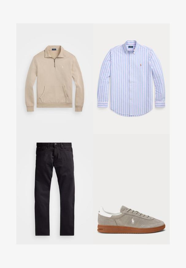 Beige pullover-sweatshirt dengan kerah zipper seperempat, manset bergaris, saku depan, dan logo kecil di dada. Terbuat dari bahan yang lembut seperti fleece.; Pitkähihainen nappikauluksinen paita, jossa sinisiä ja vaaleanpunaisia pystysuoria raitoja, kaulus on napitettu ja rinnassa on pieni kirjailtu logo.; Mustat farkut suoranlahkeisella muotoilulla, joissa on nappi- ja vetoketjukiinnitys, viisi taskua ja hieman tekstuurinen kangas.; Harmaa mokkanahkainen tennari, jossa on valkoiset nahkaosat, pyöreä kärki, sävyyn sopivat nauhat ja ruskea kumipohja. Sivussa on brodeerattu logo.