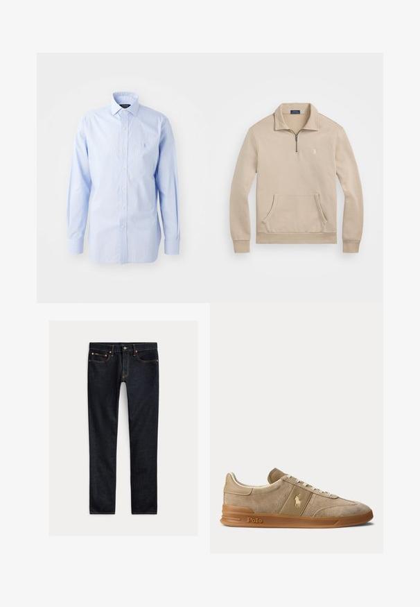 Beež pullover-sviiter, millel on veerand-tõmblukuga krae, soonikkoes mansetid, eesmine tasku ja väike logo rinnal. Pehme, fleece-tüüpi materjal.; Hele helesinine triibuline nööpidekaan küljes, klassikalise krae, pikad varrukad ja väike logo vasakus rinnas.; Tumedassinised kitsad teksad viie tasku, nööp-kinnituse ja kontrastõmblustega, tasapinnal heledal taustal.; Beež color veluurist ja nahast madala säärega toss kummikõrrega, valgete paelte ja Polo logoga küljel ning tallal.