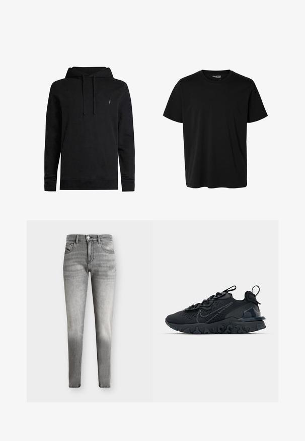 Haut à capuche noir en coton avec une poche kangourou, des poignets côtelés et un petit logo brodé sur la poitrine. Il est doté d'une capuche avec cordon de serrage.; T-shirt noir uni à manches courtes et col rond pour homme, sans motifs ni logos visibles à l’avant.; Jean slim gris délavé avec un design à cinq poches et une fermeture par boutons, présenté sur un fond uni.; Chaussure de sport noire avec une tige en mesh respirant, des accents texturés et une semelle en caoutchouc ondulée. Comprend un logo réfléchissant et un système de laçage.