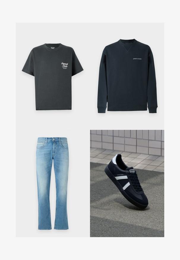 Námornícky modrá bavlnená mikina so zaobleným výstrihom, rebrovanými manžetami a lemom. Na hrudi je biely logo "LYLE & SCOTT". Hladká textúra.; Tmavohnedé bavlnené tričko s okrúhlym výstrihom, krátkymi rukávmi a bielym nápisom na ľavej strane hrude. Jednoduchý, nezdobený dizajn.; Svetlomodré džíny z denimu s rozšírenými nohavicami, ktoré majú štandardné rozloženie piatich vreciek a zapínanie na gombík. Hladká textúra a jemné vyblednutie.; Čierne kožené tenisky s bielymi pruhmi, textúrovanou gumovou podrážkou a šnurovaním vpredu. Obsahujú označenie značky na jazyku.