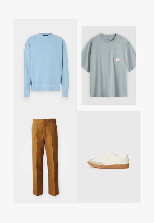 Φούτερ σε ανοιχτό γαλάζιο με λαιμόκοψη crewneck, κατασκευασμένο από βαμβάκι. Διαθέτει ριμπ μανσέτες και τελείωμα, με μικρό κεντημένο λογότυπο στο στήθος. Ομαλή υφή.; Ανοιχτό μπλε βαμβακερό κοντομάνικο μπλουζάκι με τσεπάκι στο στήθος που φέρει μία μικρή λευκή ετικέτα με κόκκινο κείμενο.; Καφέ, εφαρμοσμένα παντελόνια με απαλή υφή, διαθέτοντας σχέδιο ίσιας γραμμής, πτυχές μπροστά και κανονική μέση.; Αθλητικά παπούτσια από λευκό δέρμα με μπεζ κάλυμμα δαχτύλων και ανοιχτό καφέ καουτσούκ σόλα. Έχουν επίπεδες λευκές κορδόνες και ανάγλυφο λογότυπο στο πλάι.