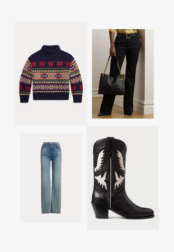 Mørkeblå strikket sweater med høj krave, med røde, lilla, beige og gule geometriske og blomsteragtige mønstre over brystet og ærmerne.; Højtaljede, lige ben blå jeans med forlommer, bæltestropper og knaplukning, der har subtile slidte detaljer.; Sorte læder cowboystøvler med hvide kantede detaljer, prydet med dekorativ syning, spidse tåer og en lav stablet hæl.; Person iført sorte bukser og gul skjorte holder sort læderhåndtaske med guldkæde, står indendørs på trægulv.