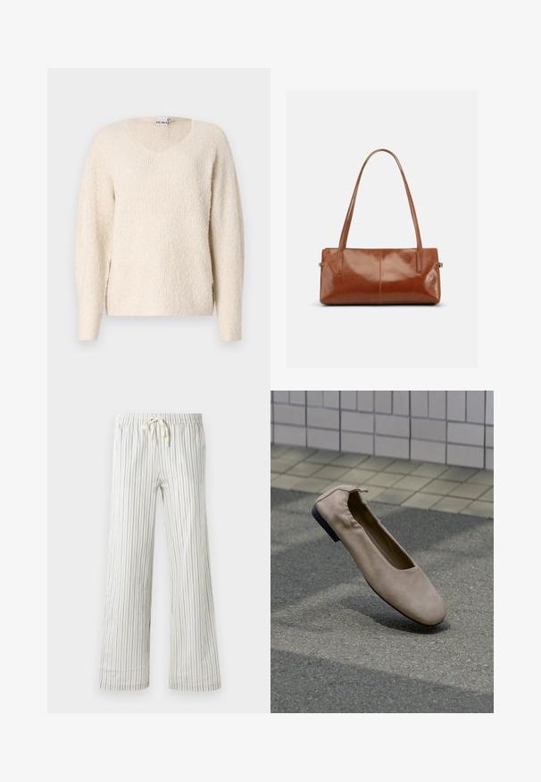 Helles beiges Sweater aus weichem, strukturiertem Stoff. Mit V-Ausschnitt, langen Ärmeln und seitlichen Schlitzen für mehr Bewegungsfreiheit. Einfaches, minimalistisches Design.; Weiße Jogginghose mit dünnen vertikalen blauen Streifen und elastischem Bund, frontal auf einem einfarbigen Hintergrund präsentiert.; Beiger Flachschuh mit rundem Zehenbereich und elastischem Hinterteil, schwebt über einer gefliesten und gepflasterten Bodenfläche.; Rechteckige braune Lederhandtasche mit zwei langen Schulterriemen, glattem glänzendem Finish und minimalistischem Design vor einfarbigem Hintergrund.