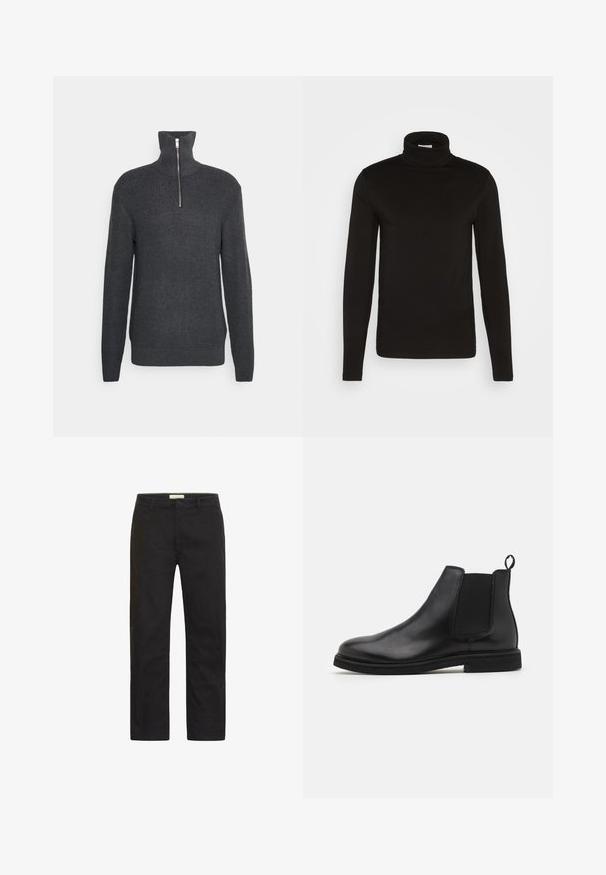 Pull en tricot gris foncé avec un col haut et une fermeture éclair à demi. Texture côtelée sur l'ensemble, poignets ajustés et ourlet droit.; Chandail noir à col roulé à manches longues en tissu lisse avec un design ajusté et un col haut et confortable. Aucuns motifs ni accents visibles.; Chinos noirs en tissu coton lisse, design à jambes droites, poches avant et fermeture à un bouton. Pas de motifs ou d'accents visibles.; Bottines Chelsea en cuir noir avec panneaux élastiques sur les côtés et une languette. Bout arrondi et semelle en caoutchouc plate, mettant en valeur une finition lisse.
