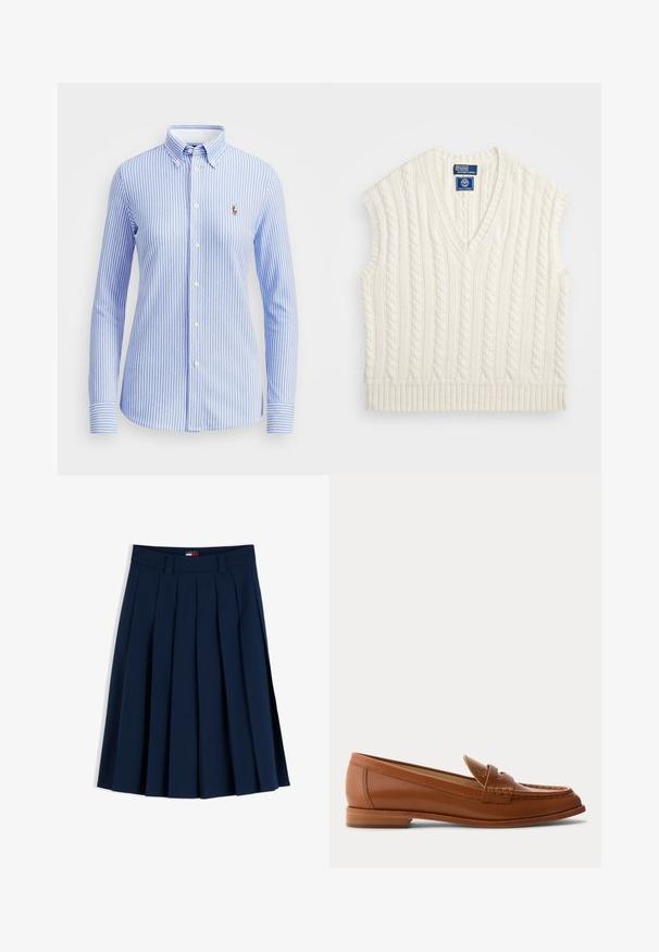 Suéter sin mangas de punto trenzado crema con escote en V y dobladillo acanalado. Presenta un patrón texturizado y una etiqueta de logo en el escote.; Camisa de botones a rayas azul claro y blanca con cuello, mangas largas y un pequeño logo bordado en la parte izquierda del pecho.; Falda plisada azul marino con trabillas para cinturón y una pequeña etiqueta de logo en rojo, blanco y azul en la cintura, mostrada sobre un fondo blanco.; Mocasín de cuero marrón con tacón bajo de madera, correa clásica para moneda y detalles cosidos a lo largo de la puntera y los laterales.