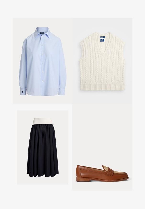 Gilet sans manches en tricot torsadé crème avec un col en V et une finition côtelée. Présente un motif texturé et une étiquette logo sur le col.; Chemise bleu clair à manches longues avec boutons, col pointu et logo brodé sur le poignet gauche, présentée sur fond blanc.; Jupe mi-longue en tissu bleu marine foncé avec une ceinture élastique blanche. Elle présente un design plissé et un petit logo rouge en accent.; Mocassin en cuir marron avec panneau beige tissé sur le dessus, petit talon en bois et design traditionnel à bride penny sur fond blanc.