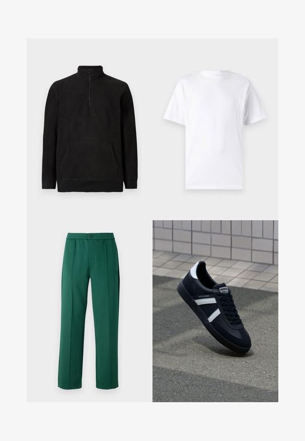 Zwarte fleece pullover met halfrits, hoge kraag, kangaroozak en geribde manchetten en onderrand, gepresenteerd op een effen achtergrond.; Witte T-shirt met korte mouwen, gemaakt van katoen, met een ronde hals. Het heeft een gladde textuur en een eenvoudig ontwerp zonder patronen of accenten.; Groene polyester broeken met een ontspannen pasvorm, elastische tailleband, voorplooien en een enkele knoopsluiting. Gladde textuur en recht model.; Zwarte leren sneaker met witte strepen, een gestructureerde rubberen zool en vetersluiting aan de voorkant. Voorzien van een merklabel op de tong.