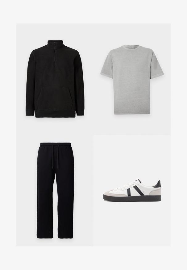 Sort fleece-pullover med halv lynlås, høj krave, kængurulomme samt ribbede manchetter og kanten, vist på en ensfarvet baggrund.; Enkelt lysegrå kortærmet T-shirt med rund hals og lige kant, vist mod en hvid baggrund.; Sorte sweatpants lavet af bomuld, med elastisk talje og snore, lige ben design, og uden synlige mønstre eller detaljer.; Hvide sneakers med sorte og grå detaljer, med en tekstureret grå tåhætte, sort gummisål og flade hvide snørebånd. Rent design, minimalistisk stil.