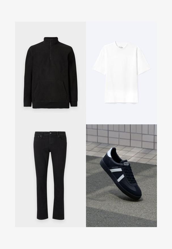 Sort fleece-pullover med halv lynlås, høj krave, kængurulomme samt ribbede manchetter og kanten, vist på en ensfarvet baggrund.; Enkel hvid T-shirt med korte ærmer og rund hals med afslappet pasform, vist på en lys baggrund.; Sorte denimjeans med lige snit, fem-lomme design, metalknaplukning og minimal syning. Glat tekstur hele vejen igennem.; Sort lædersneaker med hvide striber, tekstureret gummisål og snørrebånd foran. Har et brandet mærke på tungen.
