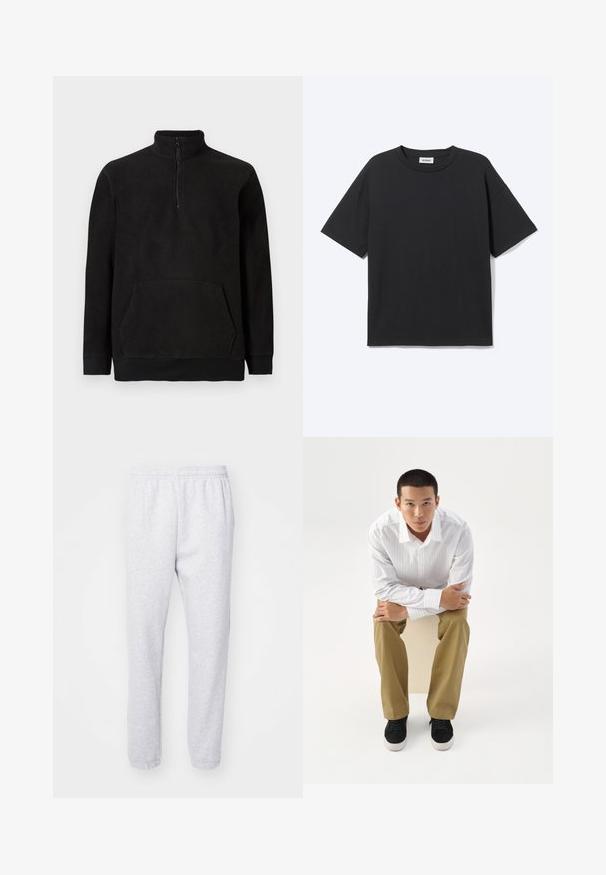 Pull en polaire noir avec demi fermeture éclair, col montant, poche kangourou, et poignets et ourlet côtelés, présenté sur un fond uni.; T-shirt noir à manches courtes avec col rond, coupe décontractée, vue de face, design uni et étiquette de la marque Weekday visible à l’intérieur du col.; Pantalon de survêtement gris clair en mélange de coton doux, avec une taille élastique et des poignets ajustés aux chevilles. Pas de motifs ni de logos visibles.; Jeune homme en chemise blanche rayée et pantalon kaki assis penché en avant sur un tabouret, bras croisés, regardant droit devant sur un fond blanc.