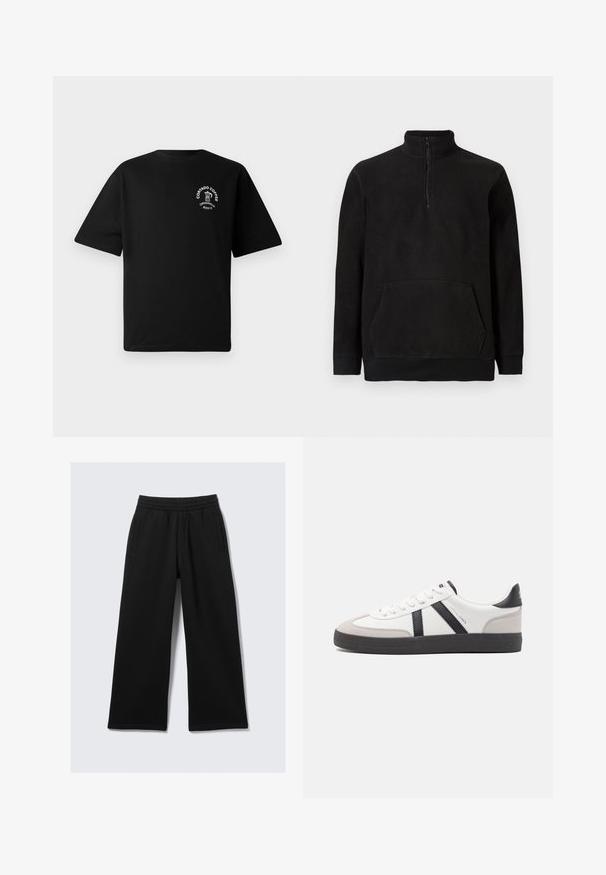 Pull en polaire noir avec demi fermeture éclair, col montant, poche kangourou, et poignets et ourlet côtelés, présenté sur un fond uni.; T-shirt noir à manches courtes avec un petit logo blanc sur la poitrine représentant une cafetière et le texte "Cortado Coffee Original 2013."; Pantalon noir à jambes larges avec une taille élastique, deux poches latérales et une texture lisse. Conçu pour le confort et la liberté de mouvement.; Baskets blanches avec des accents noirs et gris, présentant un embout texturé gris, une semelle en caoutchouc noir et des lacets plats blancs. Design épuré, style minimaliste.
