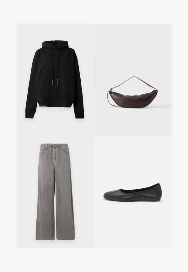 Schwarzer Kapuzenpulli mit lockerer Passform. Mit blau akzentuierten Kordeln, gerippten Bündchen und einer strukturierten Stoffoberfläche.; Weite graue Jeans mit hohem Bund, ausgestattet mit einem Kordelzug, zwei vorderen Taschen und subtilen Nähten.; Schwarze Leder-Ballettschuhe mit abgerundeter Spitze, glatter Textur, minimalen Nähdetails und einem flexiblen Sohlen-Design.; Dunkelbraune Leder-Schultertasche in Halbmondform mit gebogenem Riemen und sichtbarer Naht auf schlichtem Hintergrund.