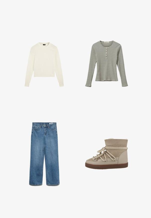 Plain hvid strikket sweater med lange ærmer, ribbede manchetter og kant samt en rund halsudskæring, vist på hvid baggrund.; Stribet langærmet top i sort og hvid, med en rund halsudskæring og en stolpe med fem knapper foran. Blødt tekstureret stof.; Lyseblå denim bukser med vide ben og høj talje, fem lommer, bagside-patch og kontrastsying langs sømmene.; Beige ruskinds ankelstøvle med reb-snørebånd, polstret krave og struktureret gummisål. Har et glat læderpanel ved bunden.