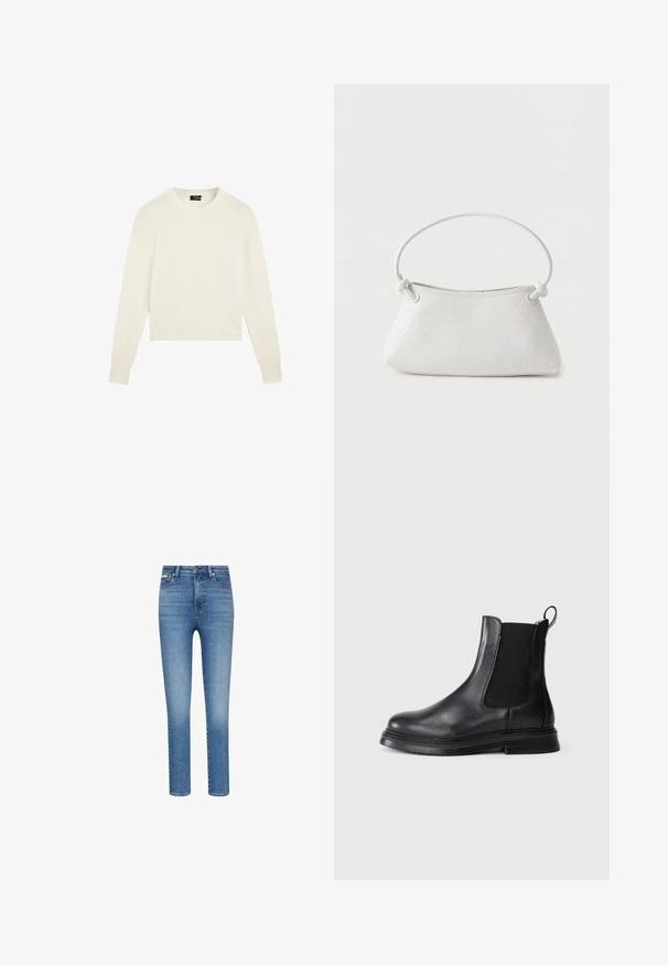 Plain hvid strikket sweater med lange ærmer, ribbede manchetter og kant samt en rund halsudskæring, vist på hvid baggrund.; Smaltsiddende jeans i mediumvasket blå denim. Har høj talje, fem-lommer-design og kontrastsyninger overalt.; Sorte læder Chelsea-støvler med elastiske sidepaneler, rund tå og en tekstureret sort gummisål. Har en løftestrop for nem påtagning.; Hvid fletlæderhåndtaske med afrundet håndtag og ender på remmen, der er knyttet, vist mod en ensfarvet baggrund.
