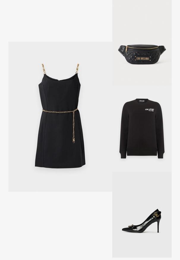 Schwarzes langärmeliges Sweatshirt mit Rundhalsausschnitt und weißem "Versace Jeans Couture Beach Club"-Schriftzug auf der oberen linken Brust.; Schwarzes ärmelloses Kleid mit goldenen Ketten-Trägern und einem goldenen Ketten-Gürtel. Glattes Material, taillierter Schnitt und ein dezenter V-Ausschnitt.; Schwarzer Lackleder-High-Heel-Schuh mit spitzer Zehe, einer Schleifendetaillierung auf der Vorderseite und einer dekorativen goldfarbenen Hardware-Akzent auf der Rückseite.; Schwarze gesteppte Leder Love Moschino Bauchtasche mit goldenem Reißverschluss und Logo-Plakette, verstellbarem Riemen auf einfarbigem Hintergrund.