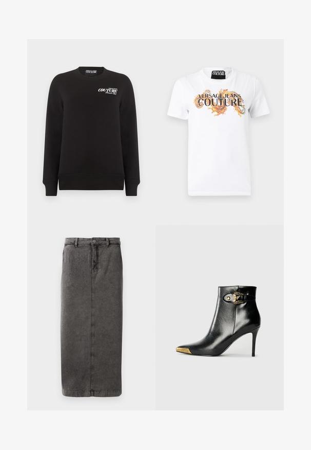 Zwarte lange mouwen crewneck trui met witte tekst "Versace Jeans Couture Beach Club" op de bovenste linkerborst.; Wit T-shirt met korte mouwen met de tekst "Versace Jeans Couture" en oranje decoratieve krullen op de voorkant, ronde hals.; Grijze, katoenen rok van een katoenmix met een rechte snit, knoop- en ritsluiting, riemlussen en een enkele achterzak.; Zwarte enkellaars van glanzend leer met een spits toelopende neus, naaldhak en goudkleurige sierhardware met een decoratieve gespdetail.