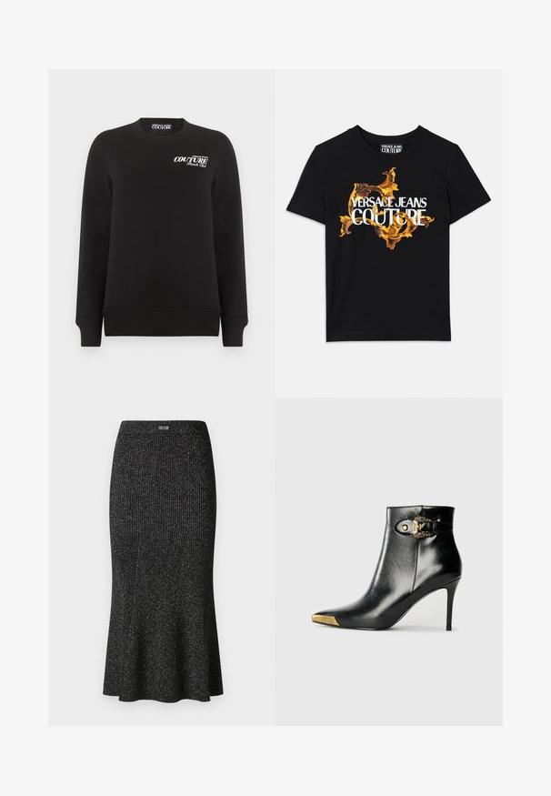 Schwarzes langärmeliges Sweatshirt mit Rundhalsausschnitt und weißem "Versace Jeans Couture Beach Club"-Schriftzug auf der oberen linken Brust.; Schwarzes Baumwoll-T-Shirt mit weißem Text "VERSACE JEANS COUTURE" und einem ausgefallenen goldenen Design, das den Text umrahmt, mit kurzen Ärmeln und Rundhalsausschnitt.; Schwarzer, gerippter Midirock aus einem dehnbaren Stoff, mit ausgestelltem Saum, subtiler glänzender Oberfläche und elastischem Bund, ausgestattet mit einem Logoakzent nahe der Oberkante.; Schwarzer Knöchelstiefel aus glänzendem Leder mit spitz zulaufender Zehenpartie, Stöckelabsatz und goldfarbener Hardware mit dekorativem Schnallendetail.