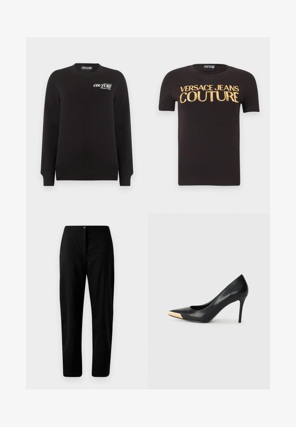 Sort langærmet sweatshirt med rund hals og hvid tekst "Versace Jeans Couture Beach Club" på øverste venstre bryst.; Sort kortærmet t-shirt med "Versace Jeans Couture" skrevet med store guld bogstaver på brystet, rund halsudskæring og stofmærke indeni.; Sorte lige bukser med knap- og lynlåslukning, glat stof og minimal detaljering mod en ensfarvet lyse baggrund.; Sort læder stiletter med spids tå; har et metalisk guldakcent på tåkapperne. Glat overflade med et strømlinet design.