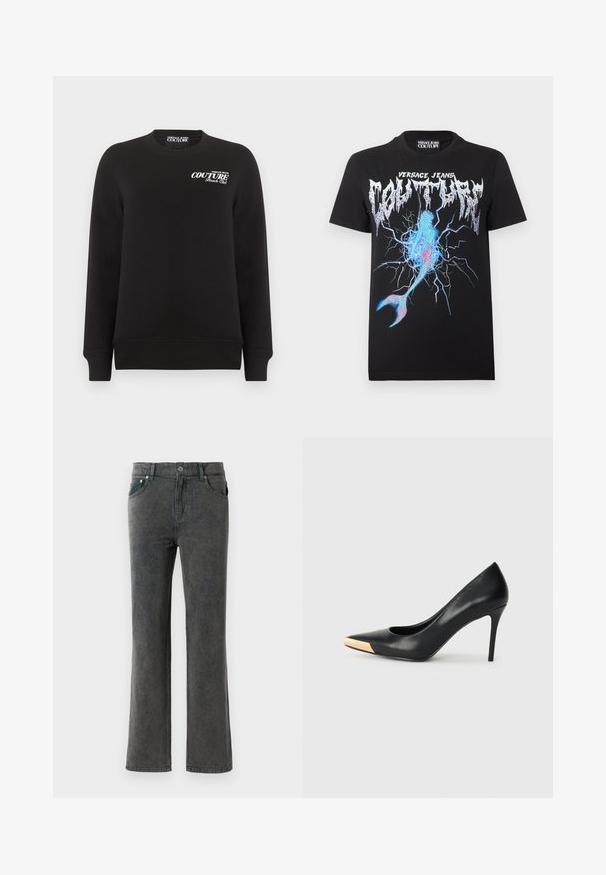 Zwarte lange mouwen crewneck trui met witte tekst "Versace Jeans Couture Beach Club" op de bovenste linkerborst.; Zwart Versace Jeans Couture T-shirt met metalen logo en blauwe, roze bliksemgrafiek die lijkt op een gebarsten oppervlak en een zeemeerminstaart.; Grijze denim flare jeans met een vervaagde wassing, vijf zakken, riemlussen en een enkele knoopsluiting. Zachte textuur en recht model.; Zwarte leren hoge hak pump met een spitse neus; heeft een metallic gouden accent op de neuskap. Glad oppervlak met een stijlvolle vormgeving.