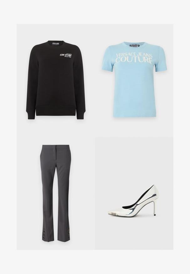 Sweat-shirt noir à manches longues et col rond avec inscription blanche "Versace Jeans Couture Beach Club" sur le haut à gauche de la poitrine.; T-shirt bleu clair à manches courtes avec l'inscription "VERSACE JEANS COUTURE" en grandes lettres blanches sur la poitrine et un col rond.; Pantalon gris sur mesure avec une coupe droite, accents de boutons au bas, et une texture lisse. Doté d'un devant plat et de poches latérales.; Escarpin à talon haut pointu en métal argenté avec talon aiguillon fin et logo "Versace Jeans Couture" sur la pointe.