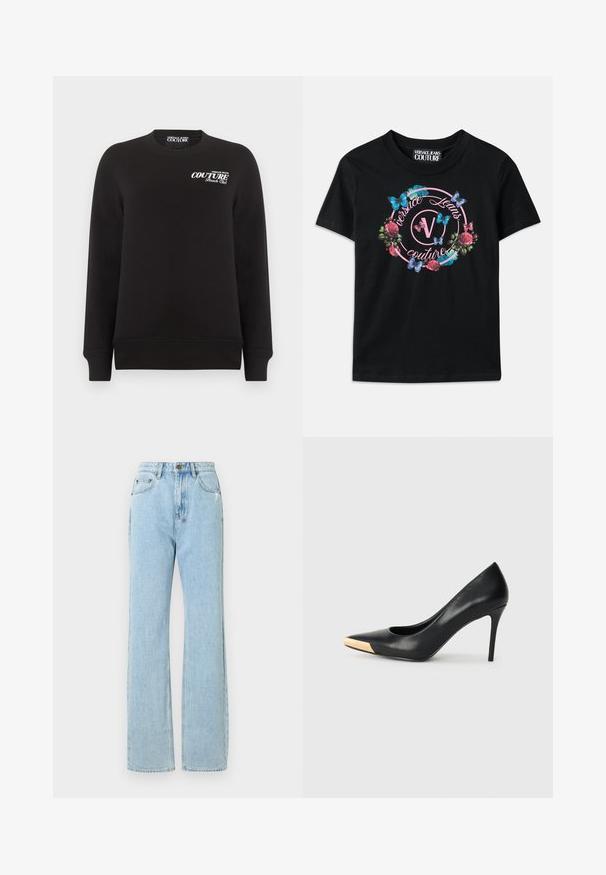 Sort langærmet sweatshirt med rund hals og hvid tekst "Versace Jeans Couture Beach Club" på øverste venstre bryst.; Sort T-shirt med et farverigt blomster- og sommerfuglgrafik, med pink og blå accenter. "Versace Jeans Couture" trykt i et cirkulært design.; Lyseblå denimjeans med en lige benlængde, der har en lynlås i åbningen, fem lommer og subtile slidte detaljer.; Sort læder stiletter med spids tå; har et metalisk guldakcent på tåkapperne. Glat overflade med et strømlinet design.