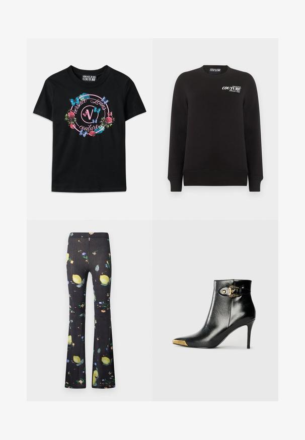 Sudadera negra de manga larga con cuello redondo y texto blanco "Versace Jeans Couture Beach Club" en el pecho superior izquierdo.; Camiseta negra con un gráfico colorido de flores y mariposas, con acentos en rosa y azul. "Versace Jeans Couture" impreso en un diseño circular.; Pantalones negros acampanados con un patrón colorido de limones y pequeñas flores dispersas por toda la tela.; Botín negro hasta el tobillo fabricado en cuero brillante, con punta puntiaguda, tacón de aguja y detalles dorados con una hebilla decorativa.