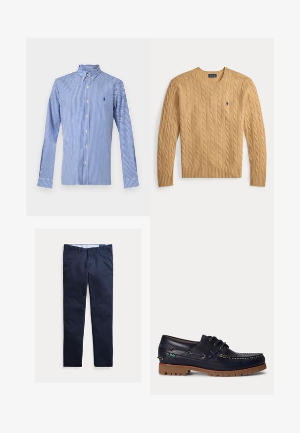Beige kabelgebreide trui met ronde hals, lange mouwen en klein marineblauw polo spelerlogo op de linkerborst.; Blauw-wit verticaal gestreept overhemd met lange mouwen, knopen en een knoopkraag, met een klein marineblauw geborduurd logo op de linkerborst.; Marineblauwe slim-fit herenchino's met riemlussen, voorste knoop en zakken, plat weergegeven op een witte achtergrond.; Marineblauwe leren bootschoen met bruine rubberen zool, witte stiksels, veters en een klein groen Polo-label aan de zijkant.