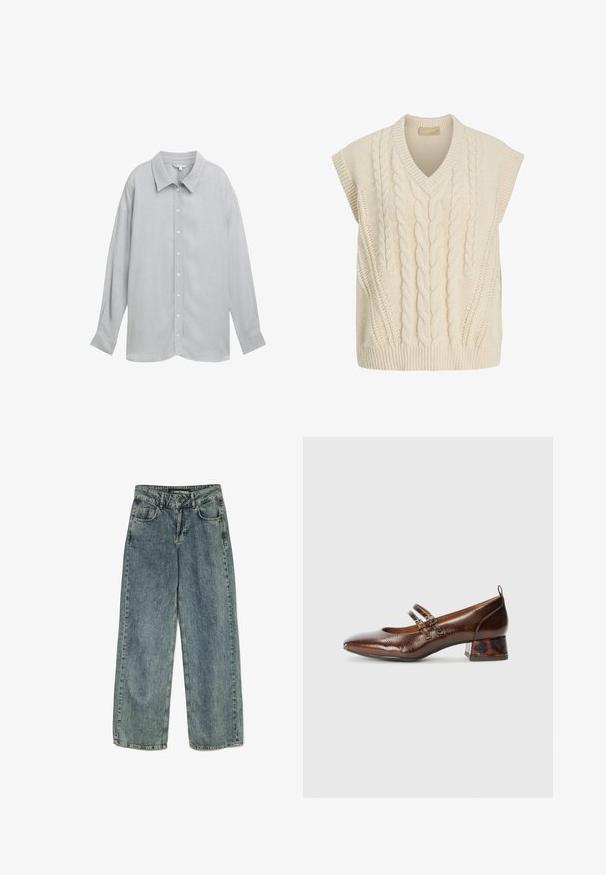 Chaleco de punto sin mangas color crema con patrón de ochos y cuello en V.; Camisa de botón de manga larga gris con cuello, hecha de una tela ligera y con una textura sutil y botones blancos.; Jeans de mezclilla de tiro ancho en azul claro con diseño de cinco bolsillos, trabillas para cinturón y costuras en contraste. La tela parece ligeramente desgastada.; Zapatos Mary Jane de cuero marrón con punta redonda, dos correas y un tacón bajo y cuadrado que presenta un acabado de estampado de leopardo.