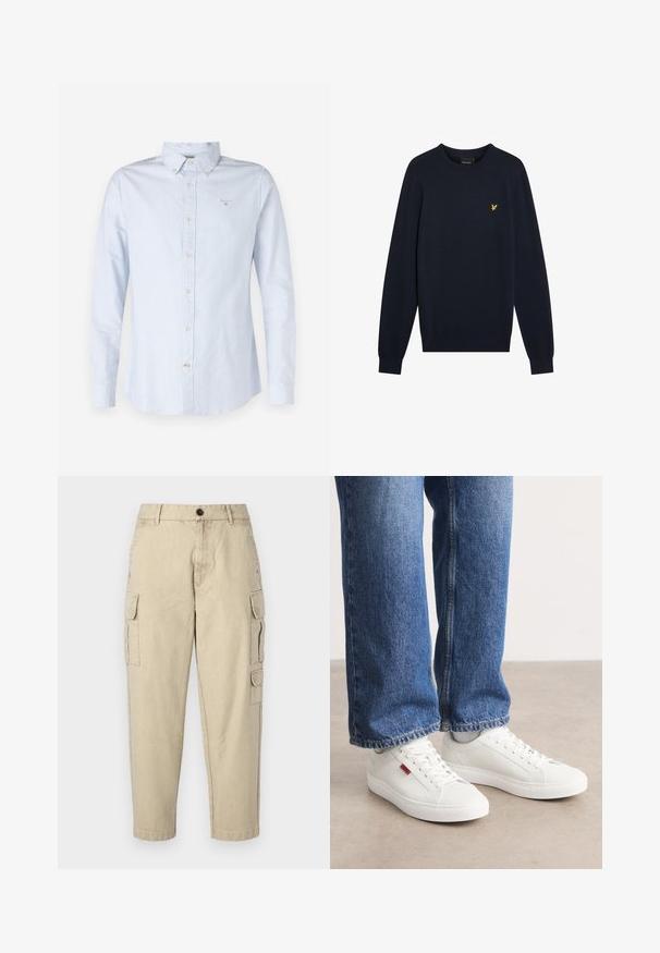 Marineblauer Strickpullover mit rundem Ausschnitt, langen Ärmeln und einem kleinen gelben Adleremblem auf der Brust. Glatte Textur, enganliegende Bündchen.; Himmelblaues Langarmhemd mit Button-down-Kragen, strukturiertem Stoff, vorderem Knopfverschluss und kleinem gestickten Logo auf der Brust.; Beige Cargo-Hosen aus weichem Stoff, mit seitlichen Taschen, einem Knopfverschluss und einer schmal zulaufenden Beinform.; Weiße Sneakers mit glatter Oberfläche, runder Spitze und flacher Sohle. Ergänzt durch blaue Jeans im geraden Schnitt mit sichtbaren Nähten.