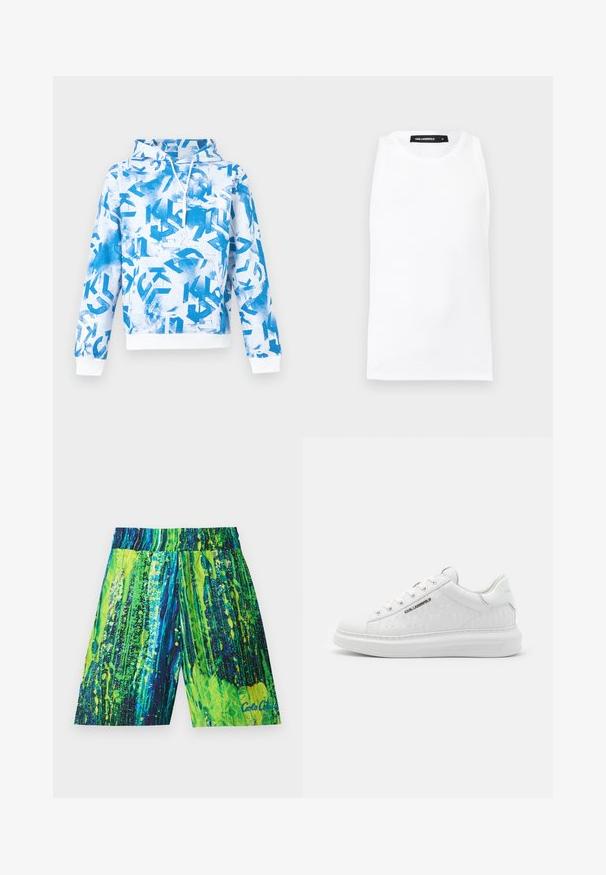 Sweat à capuche blanc et bleu, présentant un motif graphique de lettres et de formes. Texture douce avec poignets et ourlet blancs côtelés.; Débardeur blanc sans manches en tissu côtelé avec encolure ronde et étiquette de marque Karl Lagerfeld à l'intérieur du col, taille moyenne.; Shorts de bain pour hommes en vert vif et bleu, avec un motif éclaboussé, taille élastique et longueur mi-cuisse. Fabriqués en tissu léger.; Baskets blanches en cuir lisse avec motif gaufré. Présentent un bout rond, un laçage à l'avant et une semelle texturée. Détail du logo argenté sur le côté.