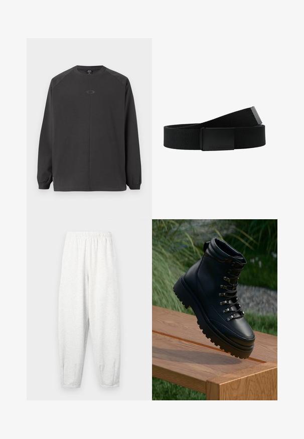 Donkergrijze lange mouwen shirt gemaakt van zacht materiaal, met raglanmouwen en een eenvoudig logo in het midden. De manchetten zijn elastisch.; Lichtgrijze sweatpants gemaakt van zachte stof, met een elastische tailleband, taps tolopende benen en enkelmanchetten. Eenvoudig ontwerp zonder patronen.; Zwarte leren enkellaarsjes met een ronde neus, opvallende textuur rubberen zool en metalen oogjes. Voorzien van een gevoerde kraag en stevige veters.; Zwarte stoffen riem met een gestructureerde afwerking, voorzien van een rechthoekige zwarte metalen gesp. De gesp is versierd met de merknaam "Urban Classics".