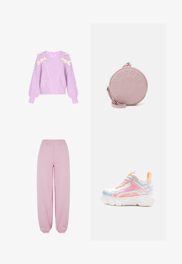 Suéter de punto lavanda con escote en V, mangas globo y lazos cremosos en los hombros. Presenta costuras cremosa a lo largo del cuerpo.; Urban Classics Pantalones deportivos - softpink; Zapatilla blanca robusta con acentos en rosa pastel, azul y naranja, suela gruesa, cierre de cordones frontal y tira de sujeción con marca en el talón.; Bolso de cuero rosa redondo con texto en relieve y diseño de corazón, que cuenta con una correa desmontable y una textura suave.