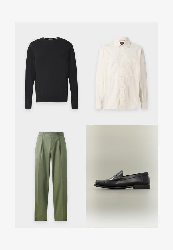 Schwarzer Pullover mit langen Ärmeln und Rundhalsausschnitt, dezentes "BOSS"-Logo auf der Brust, gerippte Bündchen und Saum, vor weißem Hintergrund dargestellt.; Beige Langarmshirt aus leichtem Stoff, mit durchgängigem Knopfverschluss, zwei Brusttaschen und einem Markenetikett am Ärmel.; Maßgeschneiderte Hose aus olivgrünem Stoff mit glatter Textur, ausgestattet mit zwei vorderen Falten, Gürtelschlaufen und geradem Bein.; Schwarzer Herren-Loafer aus Leder mit Mokassin-Zehennaht, Penny-Riemen und flachem Absatz vor neutralem Hintergrund.
