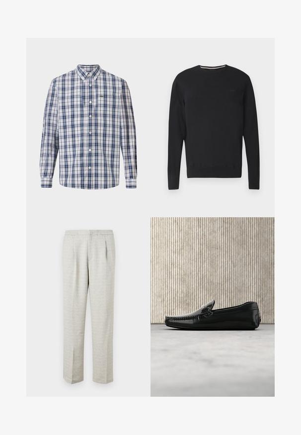 Suéter negro de manga larga con cuello redondo y logotipo sutil "BOSS" en el pecho, puños y dobladillo acanalados, mostrado sobre fondo blanco.; Camisa de cuadros en azul y blanco, con un cuello clásico, mangas largas y un pequeño logotipo bordado en el pecho.; Pantalones gris claro con una tela texturizada, que presentan un corte recto, frente con pliegues y cinturilla estándar. Sin bolsillos o acentos visibles.; Mocasines de cuero negro con un acabado brillante, punta redonda y herrajes decorativos en la parte delantera. Suela de goma de bajo perfil. Textura suave.