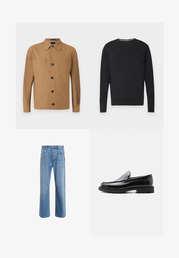Pull noir à manches longues avec col rond, logo discret "BOSS" sur la poitrine, poignets et ourlet côtelés, présenté sur fond blanc.; BOSS CRAIG - Chemise - medium beige; Jeans en denim bleu clair avec une coupe droite, cinq poches, fermeture à bouton, peu d'usure et des détails de couture contrastés.; Mocassin en cuir noir avec semelle en caoutchouc épaisse, dessus cousu et nom de marque embossé sur le talon, présenté de profil sur fond blanc.