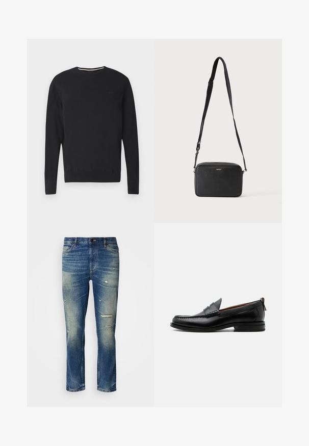 Sort langærmet rundhalset sweater med subtilt "BOSS"-logo på brystet, ribstrikkede ærmeafslutninger og kant, vist på hvid baggrund.; Lysblå denim jeans med en afslappet pasform, der har slidte detaljer, falmede lapper og en klassisk lukning med knap og lynlås.; Sort læder herre loafer med moc-tå syning, penny strop, struktureret krave og lav stablet hæl på hvid baggrund.; Sort rektangulær crossbody taske med justerbar rem og BOSS-logo foran, sat mod en ensfarvet lys baggrund.