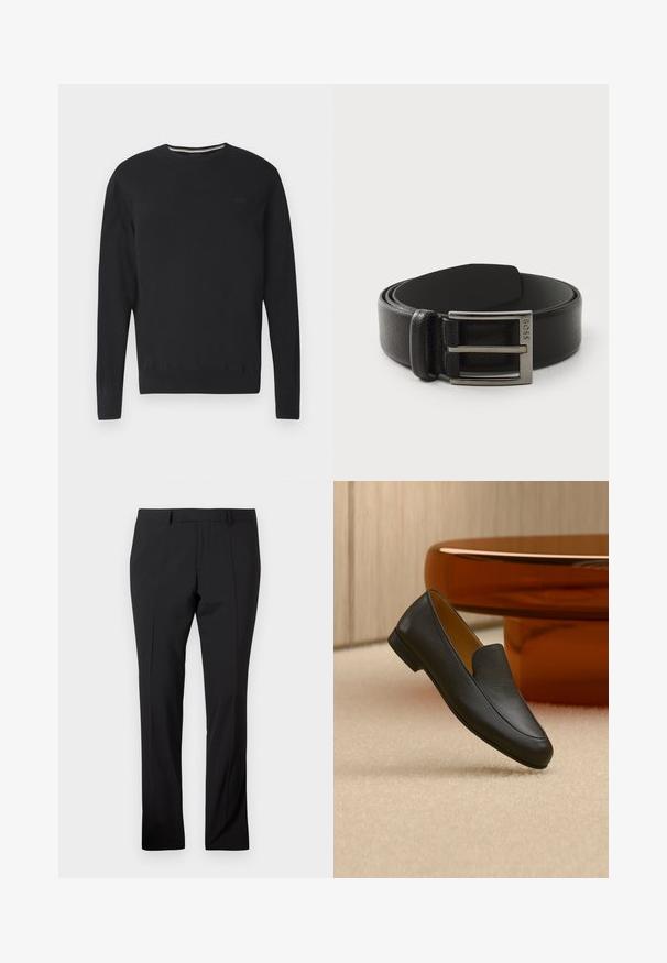 Schwarzer Pullover mit langen Ärmeln und Rundhalsausschnitt, dezentes "BOSS"-Logo auf der Brust, gerippte Bündchen und Saum, vor weißem Hintergrund dargestellt.; Schwarze maßgeschneiderte Hose mit Gürtelschlaufen, vorderer Bügelfalte und geradem Beinaufschnitt auf einem schlichten weißen Hintergrund.; Schwarzer Lederschuh (Loafer), der auf beigem Teppich liegt, mit einem glänzenden braunen runden Tisch im Hintergrund.; Schwarzer Leder-Gürtel mit glatter Textur, ausgestattet mit einer rechteckigen Schnalle in Silberoptik und einem geprägten Markenlogo auf dem Metall.