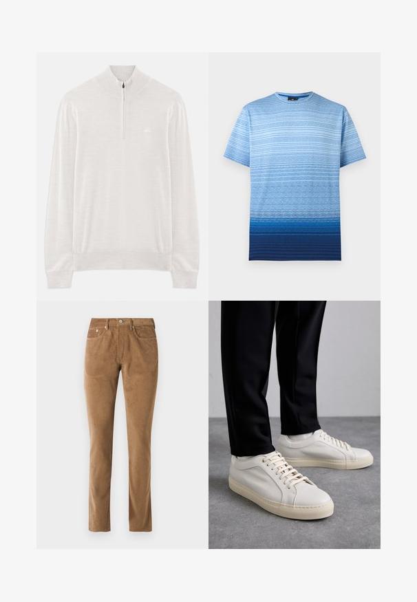 Lys beige langærmet striktrøje med ribbestrikket krave, manchetter og nederste kant, med en halv lynlås ved halsen.; Blå gradient T-shirt med vandrette striber i forskellige nuancer af blå. Fremstillet i bomuld med rund halsudskæring og korte ærmer.; Brune corduroy bukser med en skræddersyet pasform, der har fem lommer, en knaplukning og syet detaljer langs sømmene.; Lys beige lædersneakers med flade snørebånd, en tekstureret overflade og en kontrasterende cremelilla gummisål, båret med sorte tapered bukser.